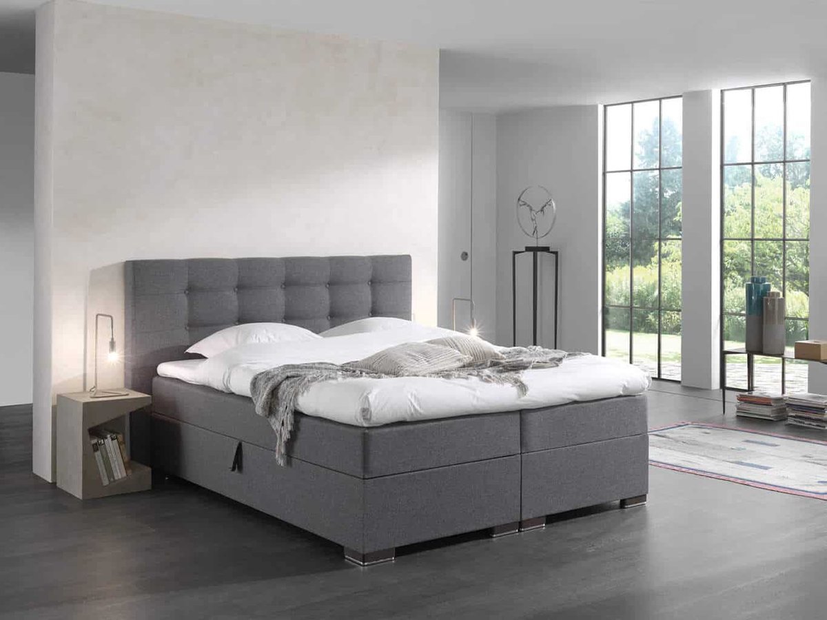 Boxspring met Opbergruimte Malaga-140x200cm- grijs stof- Compleet bed met opbergruimte- inclusief topper 8cm dik- zetelsenbedden