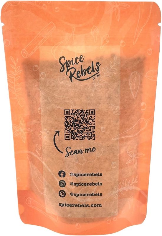 Oranje Spice Rebels verpakking met kruidenmotief, QR-code en scan mij tekst.