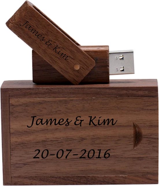 Foto: Walnoot hout uitklap usb stick met opbergdoos gepersonaliseerd met uw naam tekst of logo 16gb