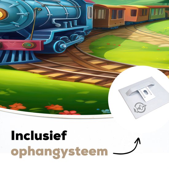 Gedetailleerde close-up van een blauwe trein en wagons op een spoor, met het opschrift 'Inclusief ophangsysteem'.