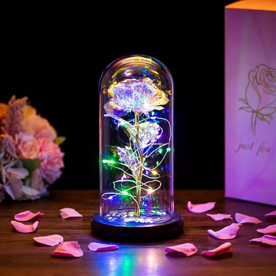 Cadeau voor haar, Onder een glazen stolp met LED-lampjes cadeau voor verjaardagen, jubilea, Valentijnsdag, bruiloften,, Rgeneboog