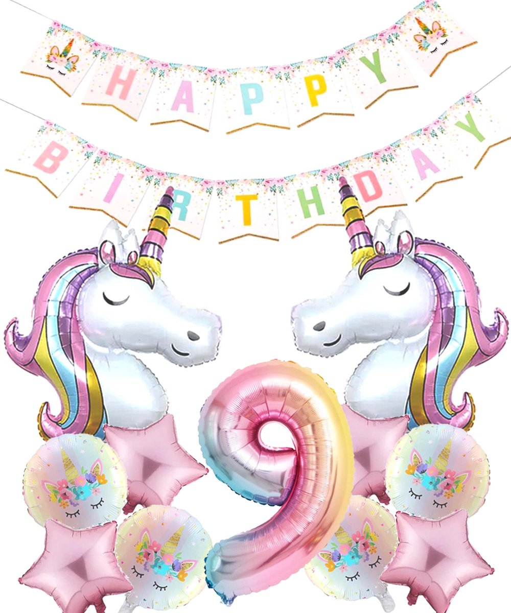 * Snoes * Cijfer 9 ballon Unicorn Mega Pack* Eenhoorn Licht Roze * DIY Slinger* Set van 12 Grotere Ballonnen* Unicorn Licht Roze 9 * Eerste verjaardag * Hoera 9 Jaar * Birthday * Ballon Cijfer 9