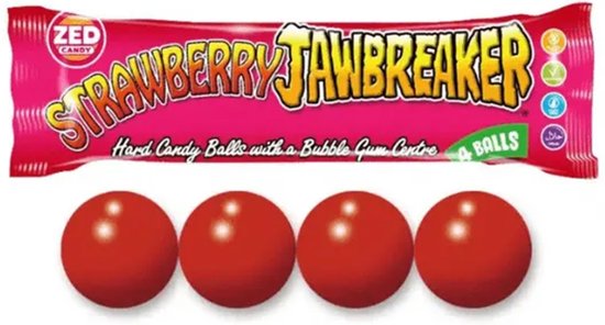 Verpakking 'Strawberry Jawbreaker' met vier rode snoepballen.
