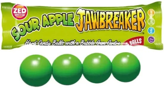 Verpakking 'Sour Apple Jawbreaker' met vier groene snoepballen.