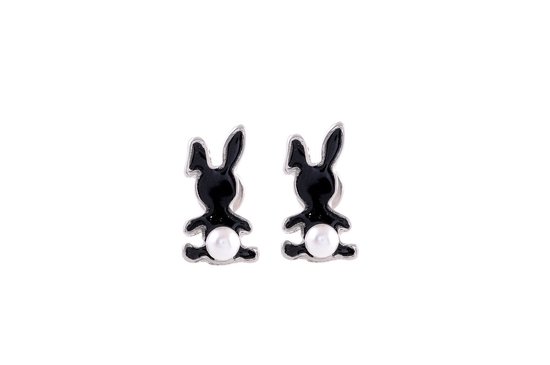 Behave Oorbellen voor kinderen - kinderoorbellen - met konijntjes - zwart - zilver kleur- parel - oorknoppen konijn - kind - 1.2 cm
