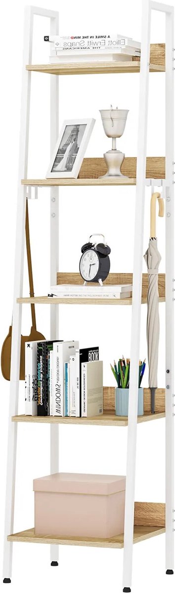 BukkitBow - Moderne Smalle Boekenkast met Metalen Frame en Hout - 4 Planken met Achterwand - Geschikt voor Decoratie in de Woonkamer - 34X40X170CM - Wit met Licht Eikenhout
