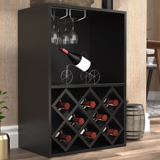 Zwart wijnrek in een kamer, met glazenrek, fles op fietsstandaard en ruimte voor 9 flessen.