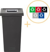 Plafor Fit Bin, Prullenbak voor afvalscheiding - 75L – Zwart/Grijs- Inclusief 5-delige Stickerset - Afvalbak voor gemakkelijk Afval Scheiden en Recycling - Afvalemmer - Vuilnisbak voor Huishouden, Keuken en Kantoor - Afvalbakken - Recyclen