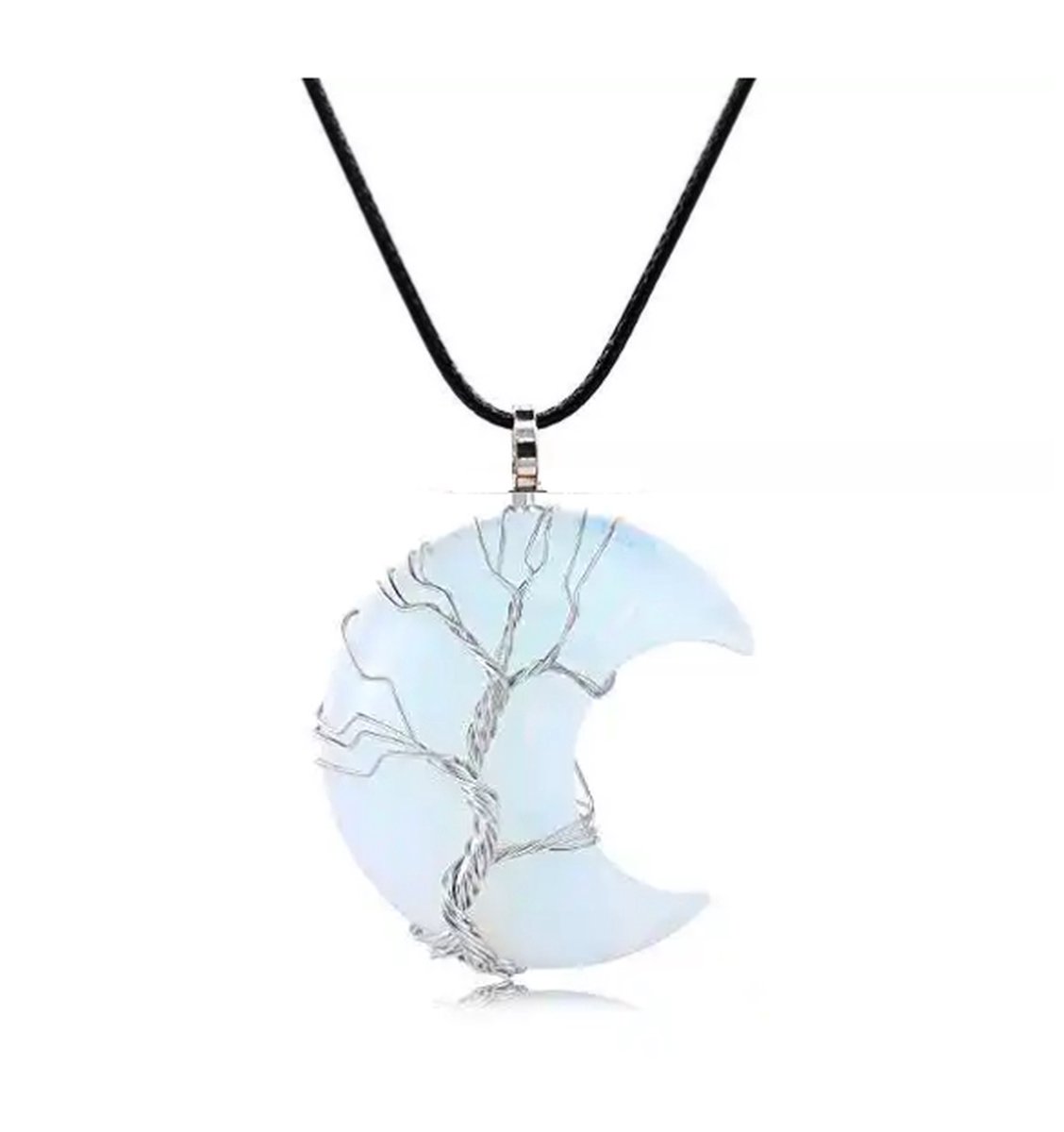 ASTRADAVI Kristal Halve Maan - Hanger - Positieve Energie Chakra Kristal Edelstenen - Zilverkleurige Kooi - met Zwart Vegan Lederen Koord - Opaal - Cadeau Idee
