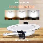 Inbouwspot led met chromen rand - Set van 6 stuks rond inbouwpaneel - 9W - instelbaar in 3 lichtkleuren door bediening van bestaande schakelaar. Kleuren warm wit, neutraal wit en koud wit. Buitenmaat 95 mm Boormaat 60 - 68mm. Hoogte 30 mm.