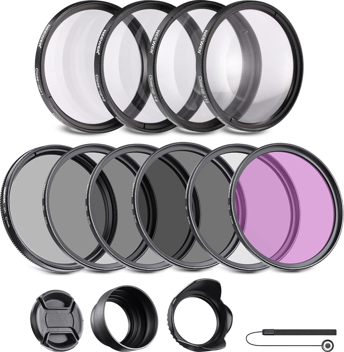 Neewer® - 62mm Filter & Lens Kit - ND/CPL/UV/Close-up Filters, Hoods, Lensdop, Pouch - ND2 ND4 ND8, Close-up Filters +1 +2 +4 +10 - Tulpvormige Zonnekap, Rubberen Zonnekap - Lensdop - Filterhoes