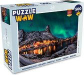 Puzzel Noorderlicht - IJsland - Sneeuw - Dorp - Groen - Bergen - Legpuzzel - Puzzel 500 stukjes