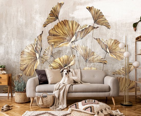 Fotobehang - Bloemen - Planten - Gouden Bladeren - Betonnen Achtergrond - Vliesbehang - 416x254cm (lxb)