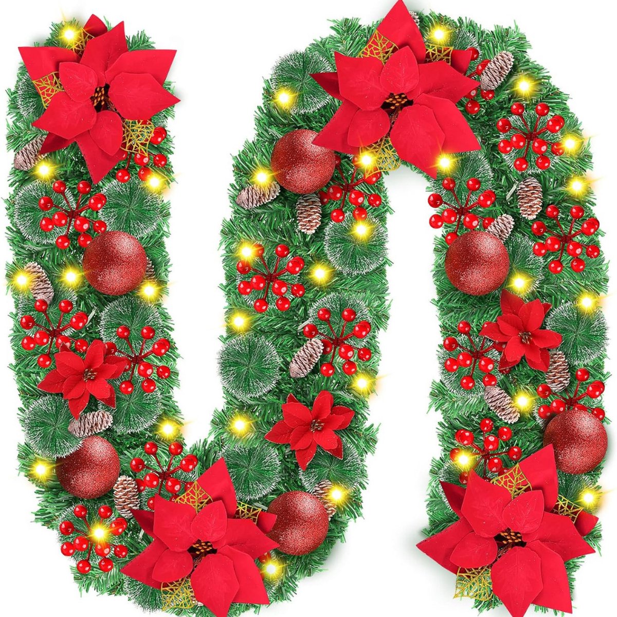 Guirlande Timer 6h Guirlande De Noël CHOIGN 2,7 M Avec Lumières LED - Décorations Sapin, Pommes De Pin, Boules Rouges - Timer 6h - Parfaite Pour Intérieur/extérieur Décoration Noël Led Timer