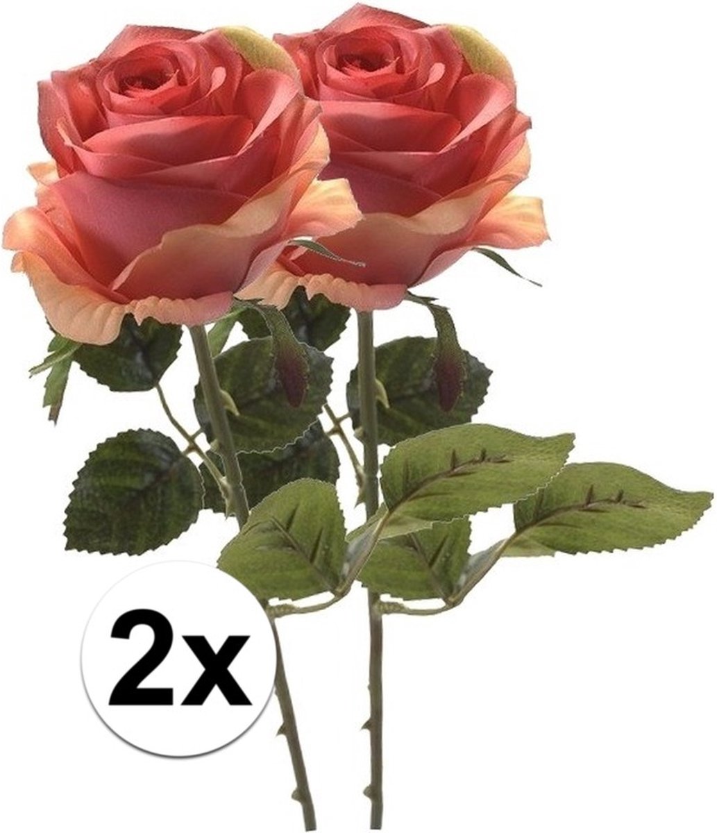 Bellatio Flowers & Plants Emerald Kunstbloem roos Simone - 2x - roze - 45 cm - decoratie bloemen