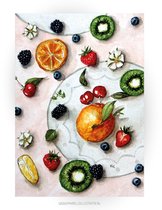 Fruit met decoratie, wenskaart 10x15cm, illustratie aquarel en zwarte inkt MI272.1