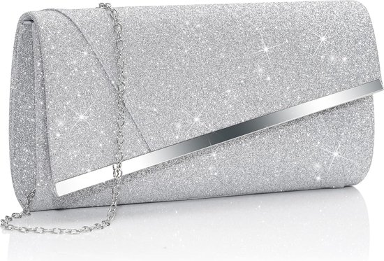 Clutch zilveren glitter, dameshandtas, elegante schoudertas, kleine avondtas met ketting voor bruiloft, feest, feestdag date, zilver