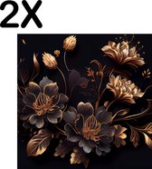 BWK Textiele Placemat - Goud met Zwarte Bloemen Kunst - Set van 2 Placemats - 50x50 cm - Polyester Stof - Afneembaar