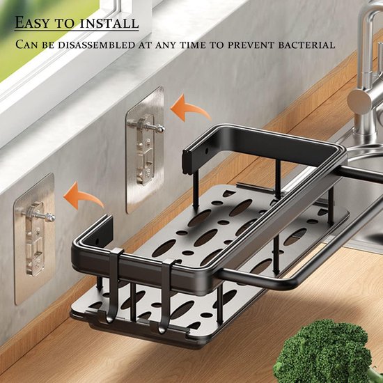 Spoelbakorganizer voor keuken, geen boren, spoelbakorganizer, hangend, sponsenhouder, keuken, roestvrij staal, zwarte spoelbak met doekhouder en haak. — afbeelding 3