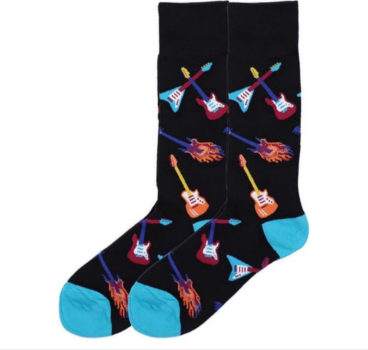 Sokken Heren - blauw - zwart - print gitaar - muziek - Maat 40 - 46 - cadeau voor hem - geschenk man - Kerst cadeau - vaderdag cadeau - verjaardagscadeau