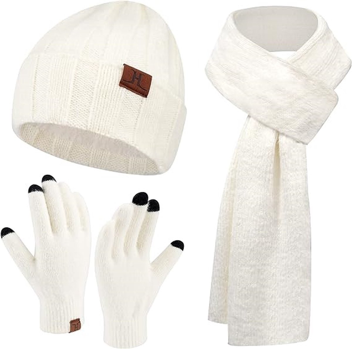 Warme winterset 3 stuks - Wit/creme - Gevoerde muts beanie, lange sjaal, touchscreen handschoenen - 3-delige set voor volwassenen - Black Friday 2023 - Kerstcadeau