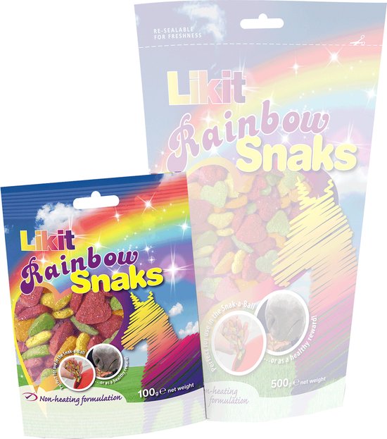 Twee zakken LikiT Rainbow Snacks. Een grote en een kleine zak met regenboogkleurige hartjes, een regenboog en een eenhoorn.