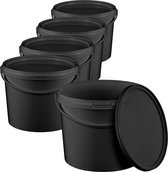 Emmer met deksel, 3 liter, zwart, 5 x 3 liter, voedselveilig, stabiel, luchtdicht, lekvrij, geurloos, plastic opbergcontainer met handvat, leeg.