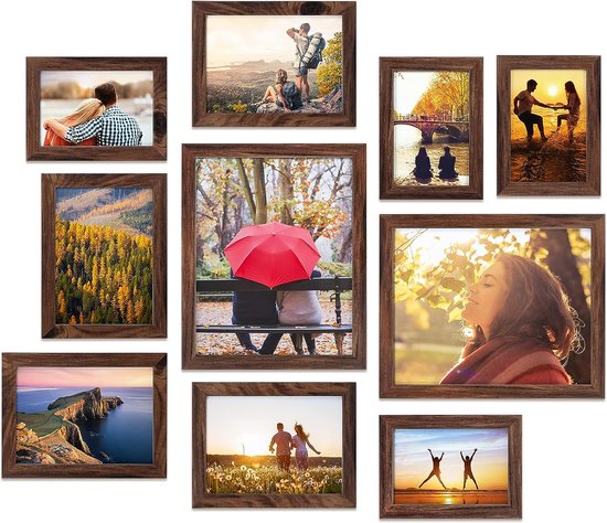 Brown fotolijst voor meerdere maten foto's, vier 4x6, vier 5x7, twee 8x10, diverse galerijframe-collage voor muur of tafel, set van 10