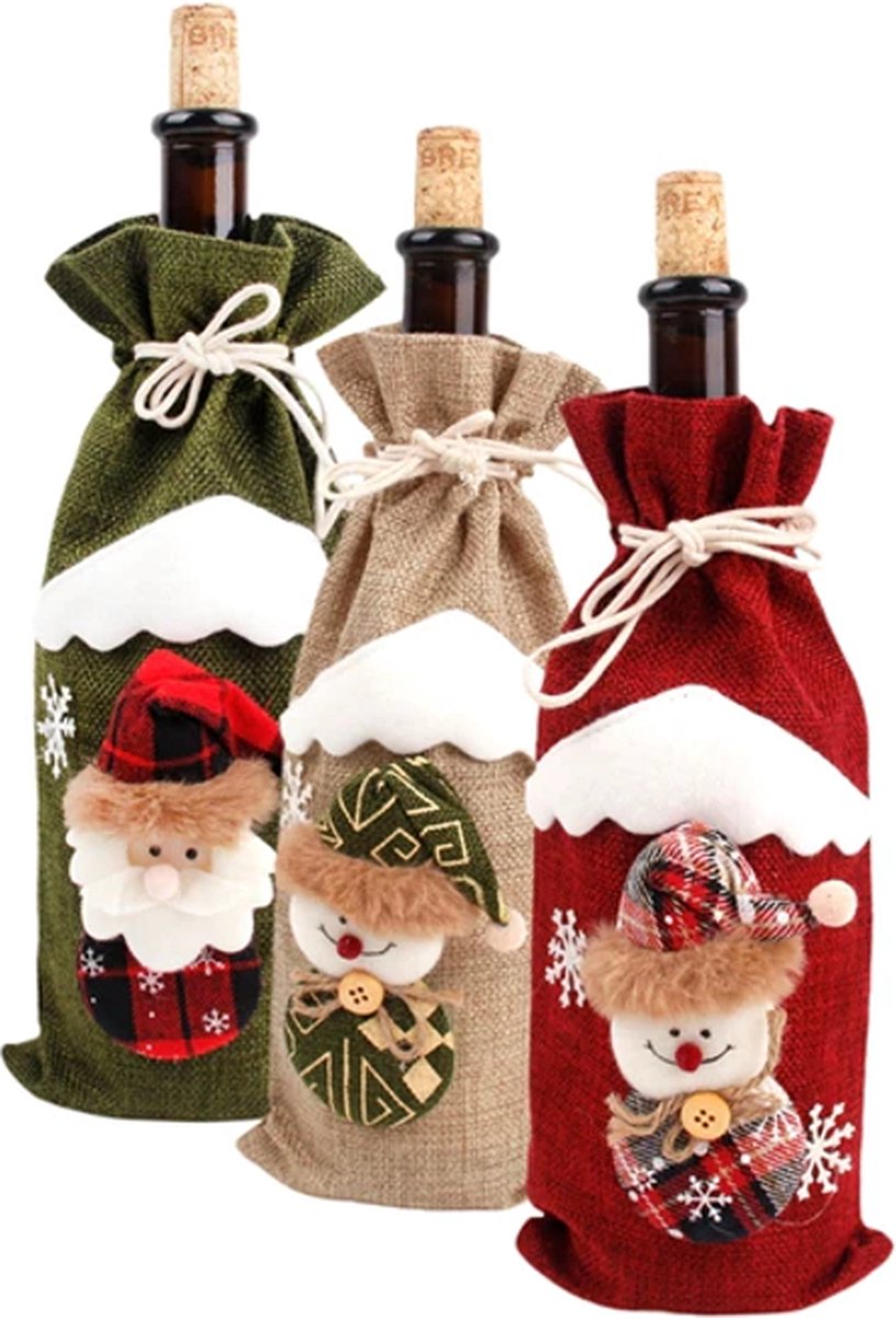 Gadgetpoint - Flessenhouder - Fleszak - Kerst - Kerstman - Kerstboom - Kerstmis - Christmas - Xmas - Set van 3 - Groen/Beige/Rood