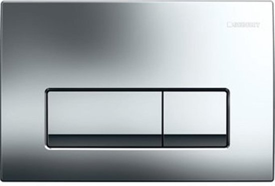 Geberit Delta50 bedieningsplaat met glanzend chroom afwerking en twee rechthoekige spoelknoppen.