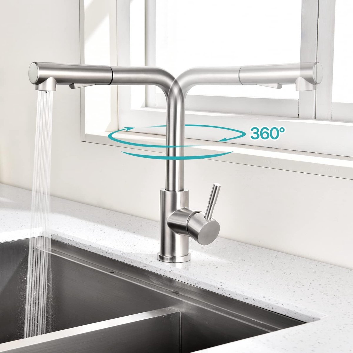 TIMACO Keukenkraan uittrekbaar waterkraan keuken 360° draaibare mengkraan voor keuken armatuur eenhandsmengkraan voor keuken gootsteen spoelbak armatuur, geborsteld nikkel