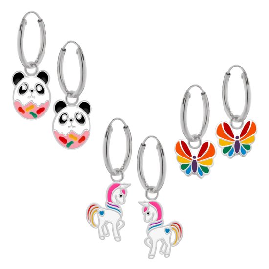 Set de boucles d'oreilles en argent avec pendentif, donut panda, licorne et papillon aux couleurs de l'arc-en-ciel