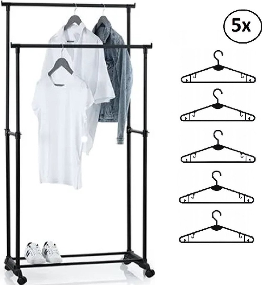 Portant à Vêtements sur Roulettes, Porte-manteau, Porte-vêtements, Capacité  de Charge 90 kg, Tringle en Métal, Étagère à 2 Barres, Partie Inférieure  Pliable, pour Chambre, Argent