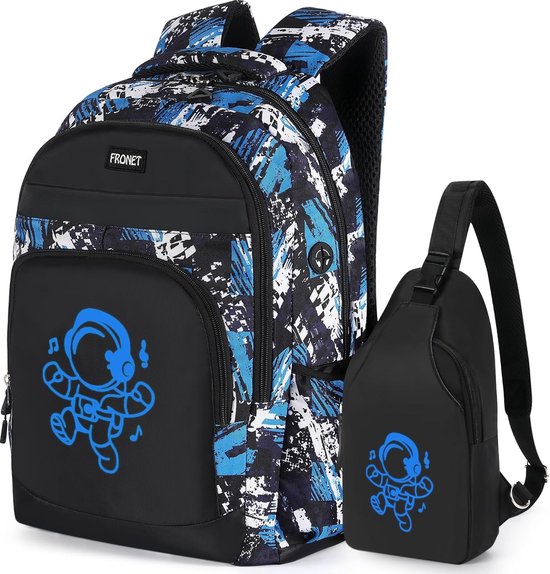 Rugzak voor tieners en meisjes, unisex boekentassen voor studenten op de middelbare school, blauw/zwart, casual.