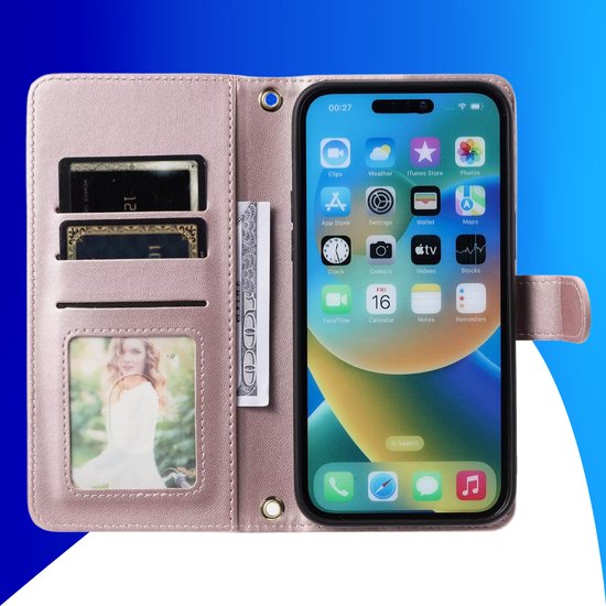 Étui adapté pour iPhone 14 - Bookcase - Porte-cartes - Cordon - Simili cuir - Or rose