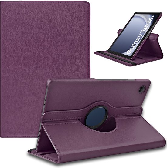 Paarse tablethoes, getoond in gesloten en staande posities. Inclusief tablet.