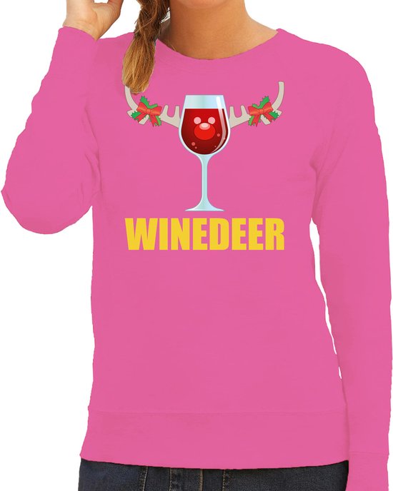 Bellatio Decorations Foute kersttrui/sweater dames - winedeer - roze - wijn - rendier - kerstmis S