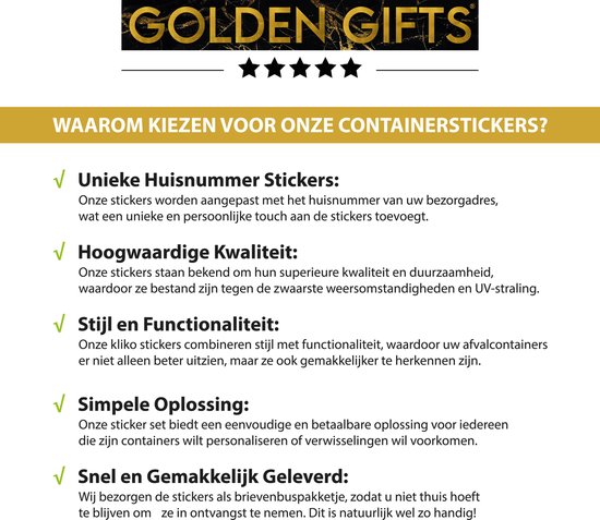 Logo GOLDEN GIFTS met sterren en tekst "WAAROM KIEZEN VOOR ONZE CONTAINERSTICKERS?" met vijf groene vinkjes.