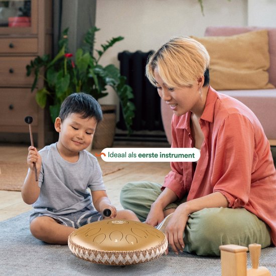 Ohana Drums® Tongue drum – Handpan – Zonnegloed Goud – 36 cm Ø – Klankschaal – 15 noten – Yoga Drum – Muziekinstrument voor kinderen - Chakra meditatie en ontspanning - Incl. Hollandse liedjes e-book