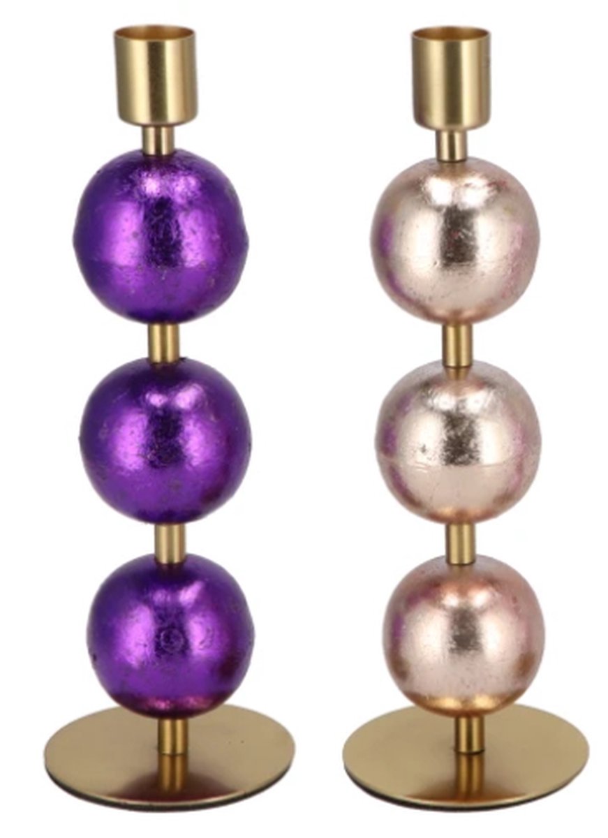 Supervintage set van 2 kerstballen kandelaren voor dinerkaarsen Lila en Roze 23 cm
