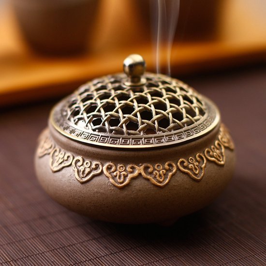 Brûleur d'encens - Porte-encens en céramique avec couvercle - Comprend 50 cônes d'encens - Décoration chinoise