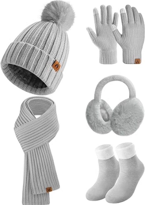 Ensemble bonnet et écharpe tricotés 5 pièces, cache-oreilles en peluche pour  l'hiver
