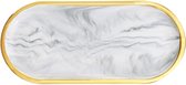 Sieradendienblad, ovaal, 25 x 12 cm, hittebestendig, keramiek, badkamerdienblad, sieradendienblad met gouden rand, organizer, decoratie voor wastafel, badkamer, kasten, marmer, wit