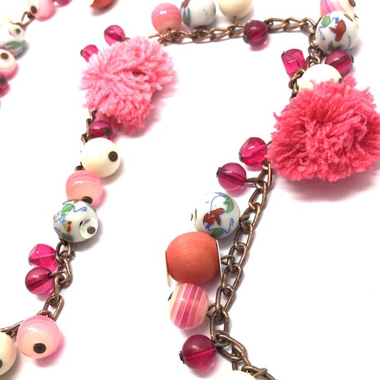 Sautoir Behave - perles roses - pompons - 90 cm