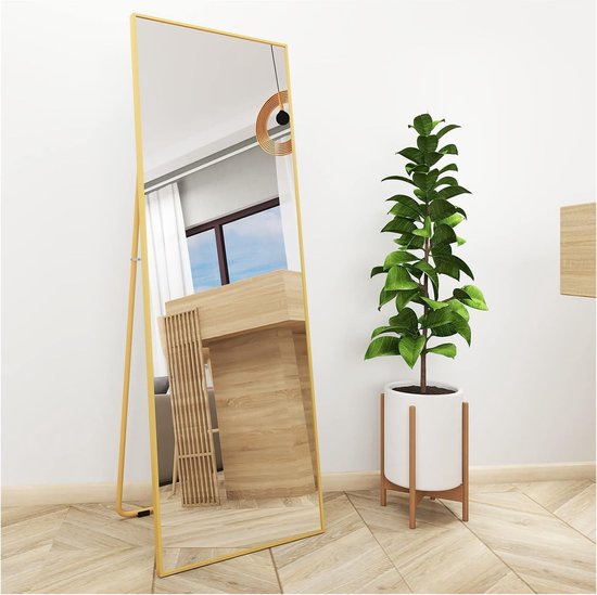 Spiegel voor het hele lichaam, 140 x 50 cm, met gouden metalen frame,  staande spiegel,... | bol