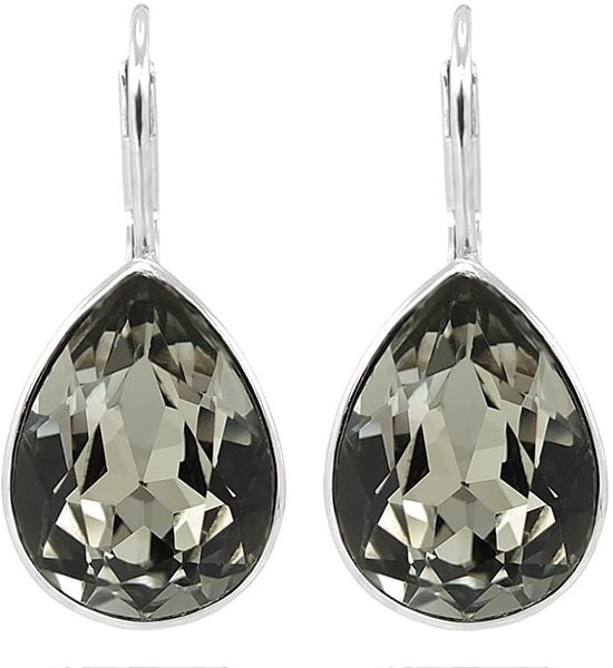 Behave Oorhangers dames – zilverkleurig – antraciet grijs – kristal druppel oorbellen - stijlvolle vrouwen oorhangers - sieraden - geschenkdoos - cadeau