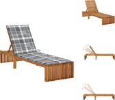 vidaXL Lounger Acaciahout - Houten Ligstoel - 200x60x30/90 cm - Verstelbare rugleuning - Grijs ruitpatroon - Inclusief kussen - Ligbed