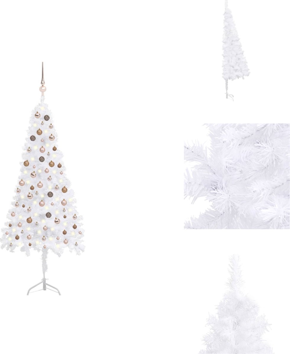 vidaXL Hoekkerstboom PVC - 210 cm - wit - inclusief LED-verlichting en decoratie - Decoratieve kerstboom