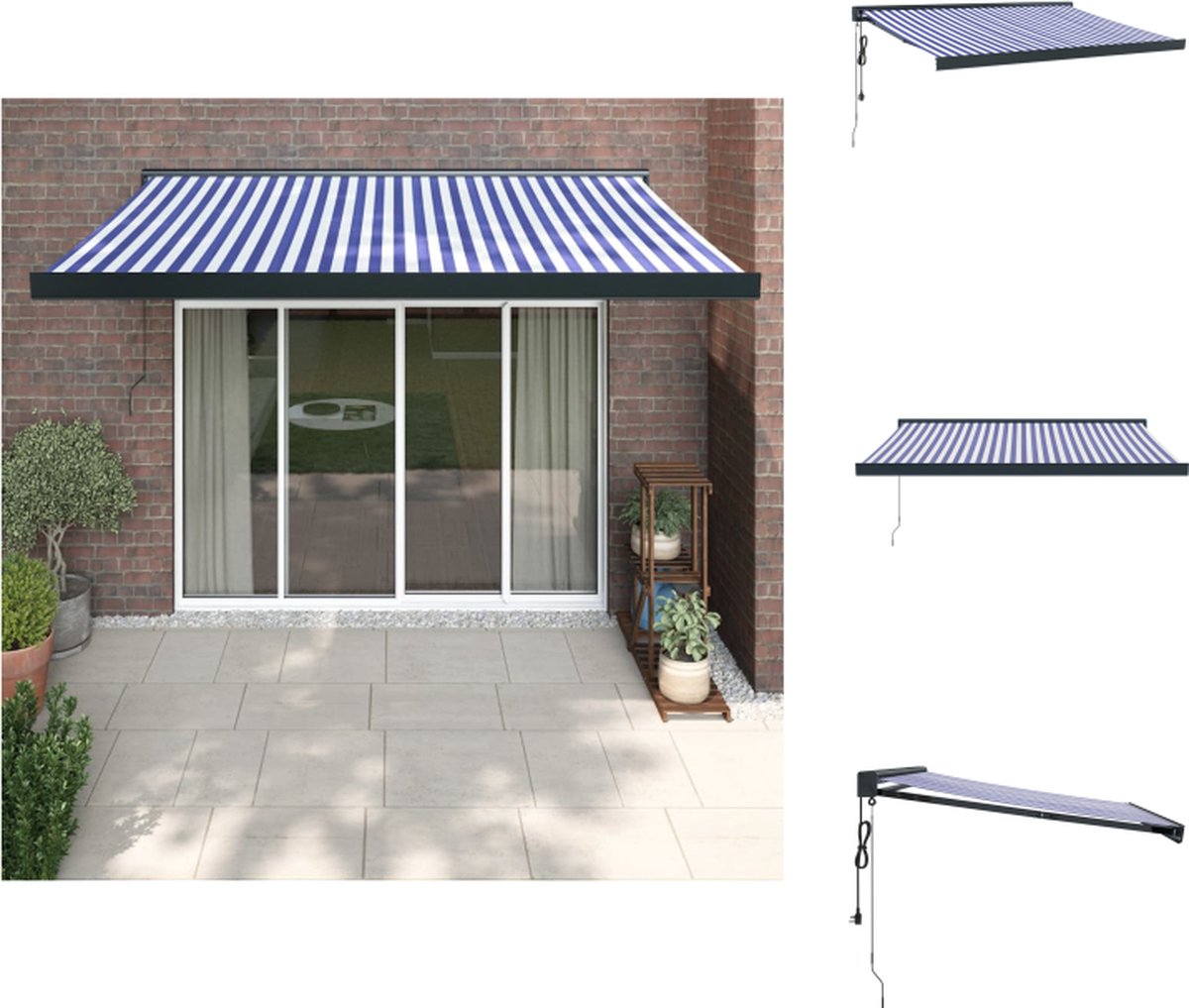 VidaXL uittrekbare luifel 3 x 2.5 m blauw en wit gepoedercoat aluminium frame UV-bestendige stof wandmontage brede toepassing Vensterzonwering
