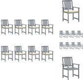 vidaXL Buitenstoelenset - Massief acaciahout - Greywash - 61 x 57 x 92 cm - Inclusief 8 stoelen - kussens - Tuinstoel
